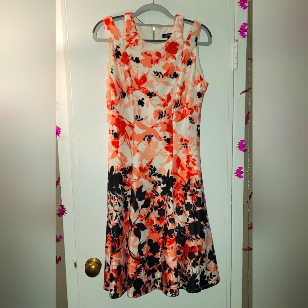 Beautiful floral dress in white, coral, red and black. Roz and Ali brand, size 6